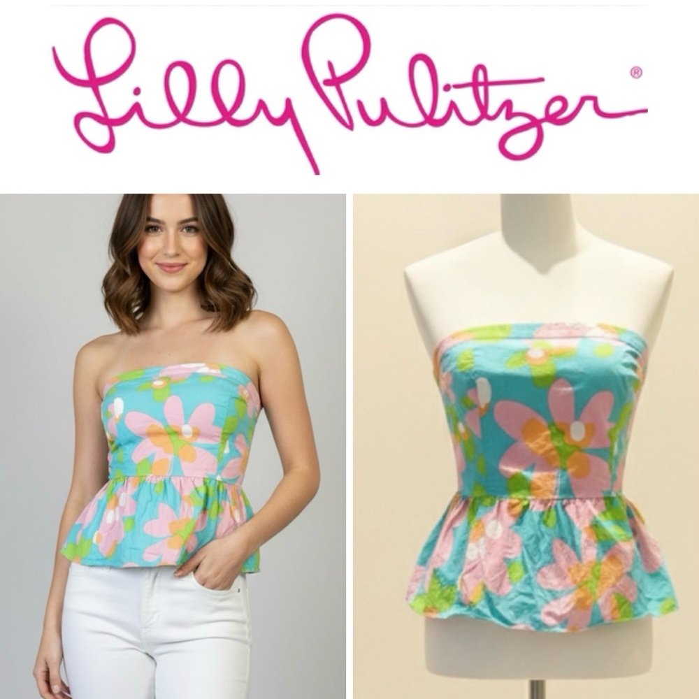 LILLY PULITZER Shandy Mojo Shorely Blue Floral Print Strapless Peplum Top